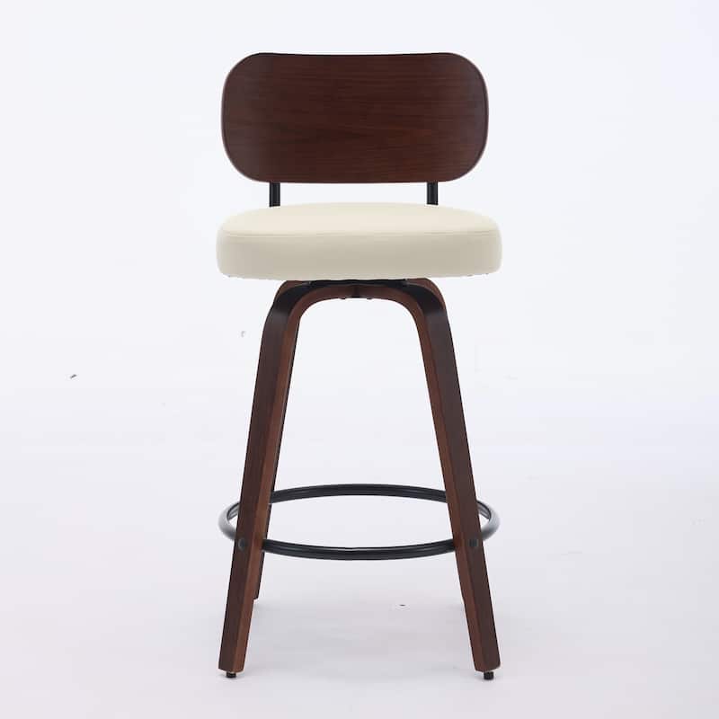 Swivel Bar Stools Set of 2, 26" Upholstered Faux Leather Counter Height Barstools with Walnut Back & Bentwood Legs