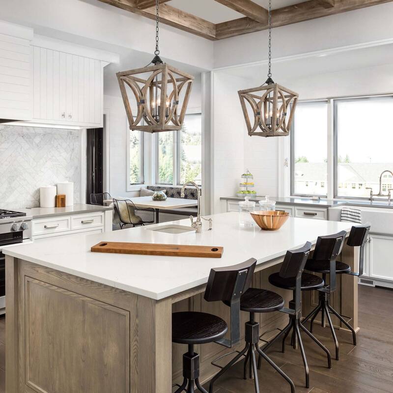 Farmhouse Chandelier for Kitchen/ 4-Light Wooden Pendant Lighting Fixtures over Dining Table - L15.5" xW15.5 "xH21.5"