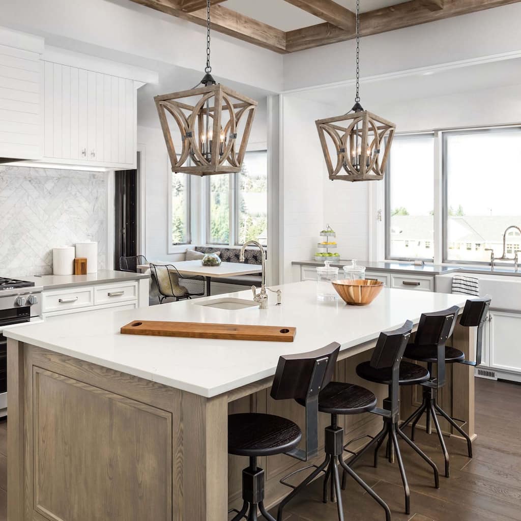 Farmhouse Chandelier for Kitchen/ 4-Light Wooden Pendant Lighting Fixtures over Dining Table - L15.5" xW15.5 "xH21.5"