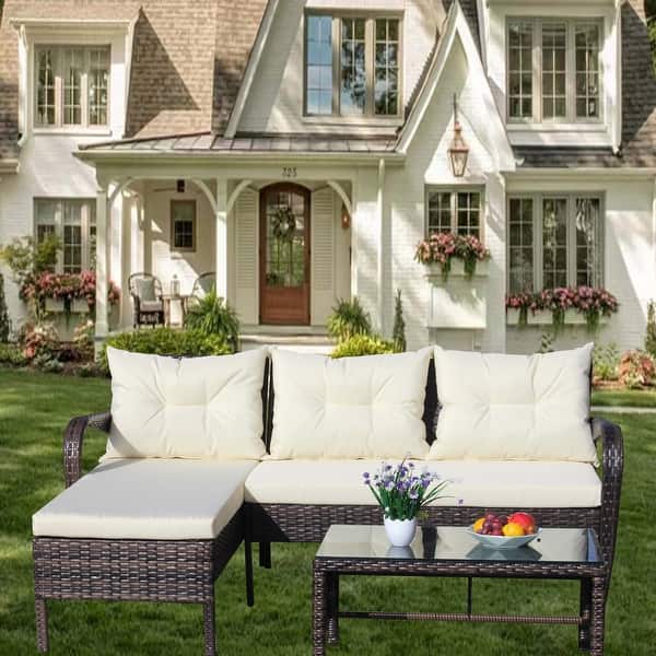3 Piece Outdoor Patio Wicker Ratten Sectional Sofa with Beige Cushion