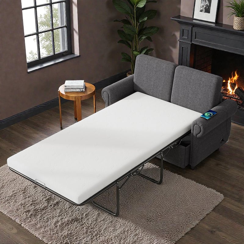 57.9" Pull-Out Loveseat Sleeper Sofa with Twin Memory Foam Mattress and USB Ports, Compact Sofa Bed for Living Room