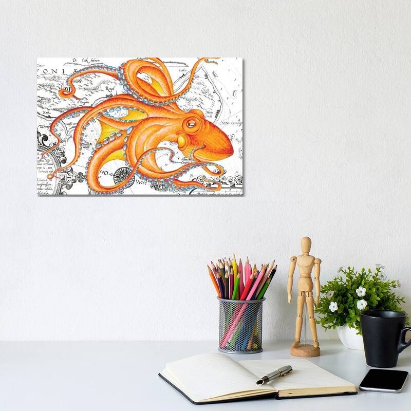 iCanvas "Orange Octopus Tentacles Vintage Map Nautical" by Seven Sirens Studios Canvas Print - 8x12x0.75