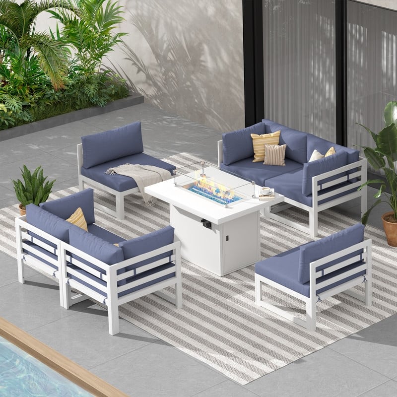 FINCATI Modern 7 Piece White Aluminum Outdoor Furniture Set with Propane/Natural Gas Firepit Table