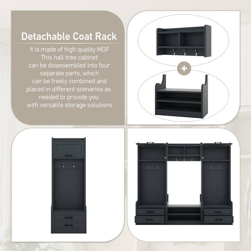 4-in-1 Detachable Hall Tree with Storage and 7 Hooks, Multiple Functions Hallway Coat Rack with Storage Drawers and Cabinet