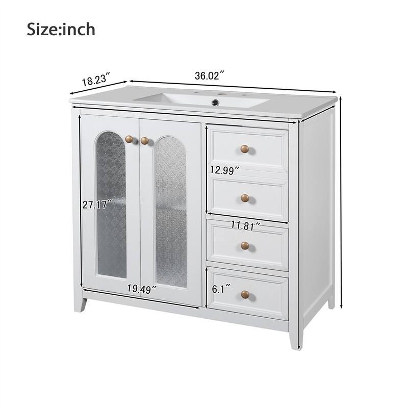 36'' Bathroom Vanity with Ceramic Sink Top, Bathroom Storage Cabinet with 2 Soft Close Doors, 3 Drawers and Adjustable Shelf