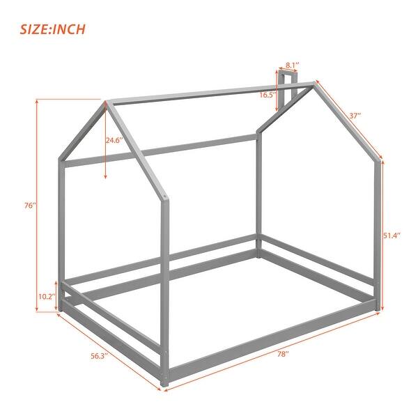 dimension image slide 3 of 4, Semi-Enclosed House Bed for Kids, Full Size Floor Bed with Roof, Playhouse Design, Solid Pine Wood Frame, No Slats