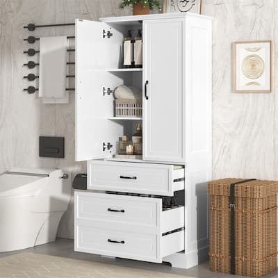 Tall Bathroom Storage Cabinet with 2 Doors and 2 Storage Drawers, Freestanding Bathroom Floor Cabinet with Adjustable Shelf