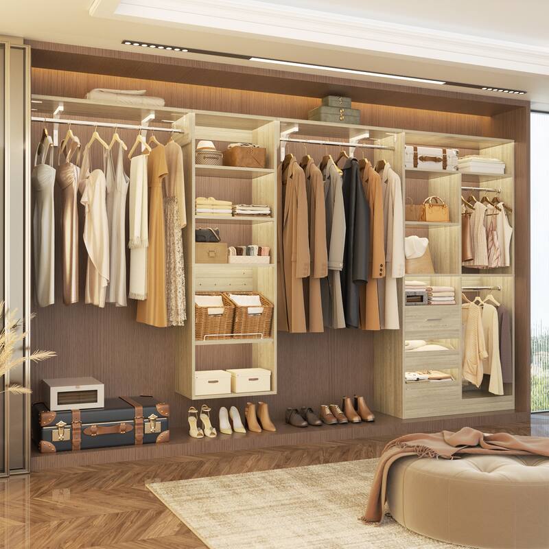 Qvella 59"-132" Closet System with Adjustable Shelves and Drawers,Multi-Functional Combination Wardrobe System Closet Organizer