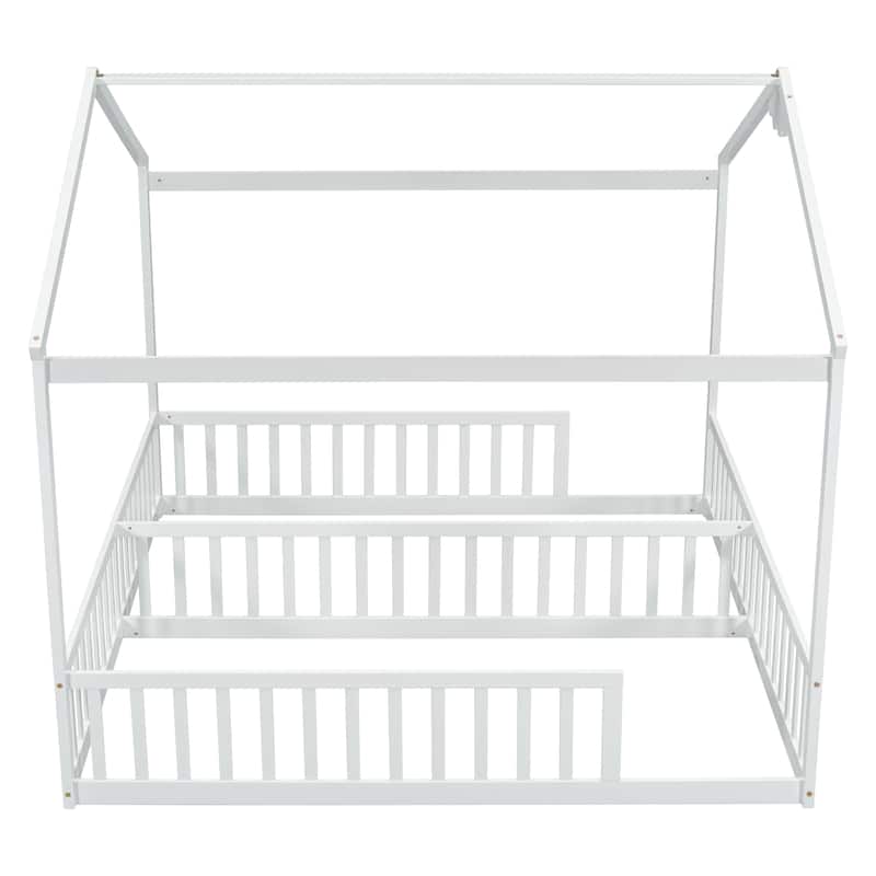 Double Twin House-Style Floor Bed with Fence,Guardrails