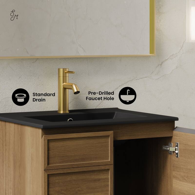 St. Tropez 24" Wall-Mounted Bathroom Vanity In Brown Oak With Black Sink Top - 24