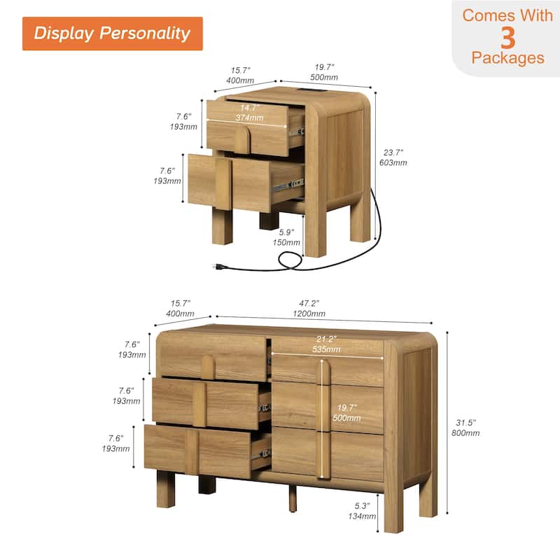 WAMPAT 3 Pcs Bedroom Set,6 Drawer Dresser And Nightstand Sets For Bedroom, Double Dresser With Curved Profile Design