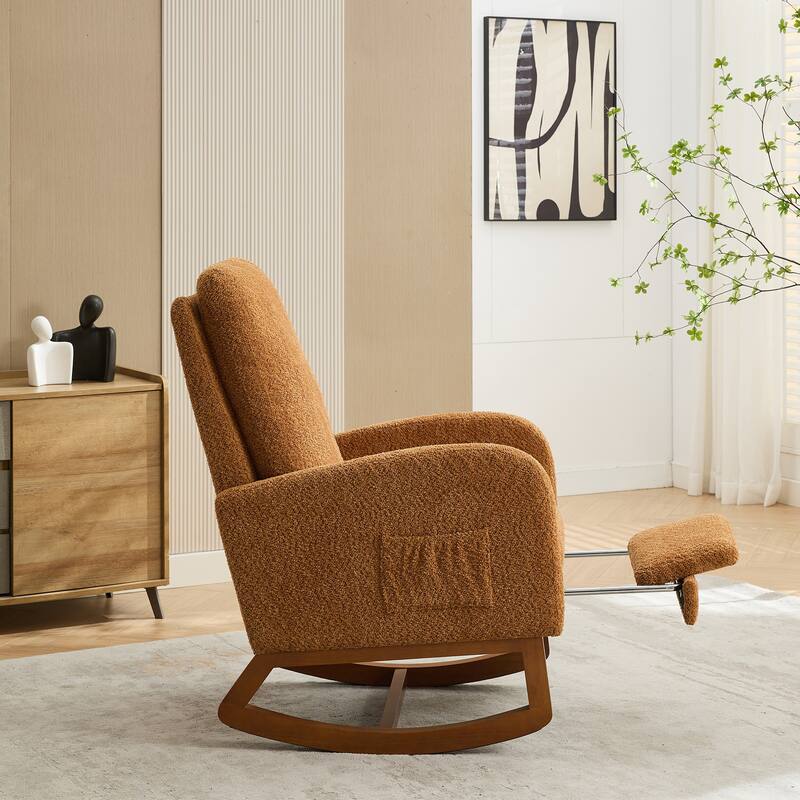 25.4"W Rocking Chair for Nursery, High Back Glider Chair with Retractable Footrest, Side Pocket - Caramel