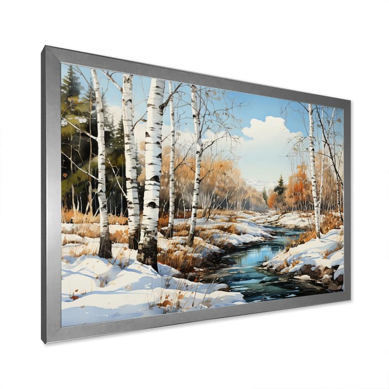 Designart "Birch Woods Winter Whispers III" Tree Birch Framed Wall Art Living Room