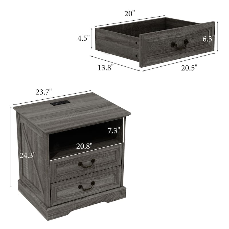 Farmhouse Nightstand with 2 Drawers, Open Shelf & Power Port, Rustic Bedside Table, Antique Brass Handles, White/Grey
