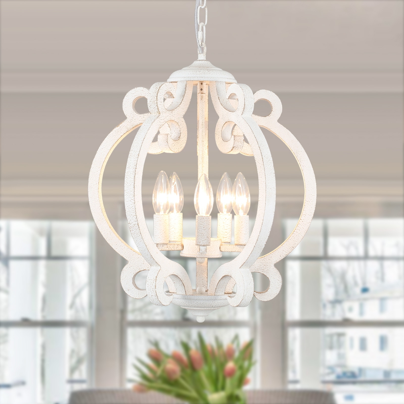 15.75" 5-Light Rustic Pendant Light, Wood Ceiling Light Farmhouse Shabby Chic Chandelier, Classic Semi Flush Mount Chandelier