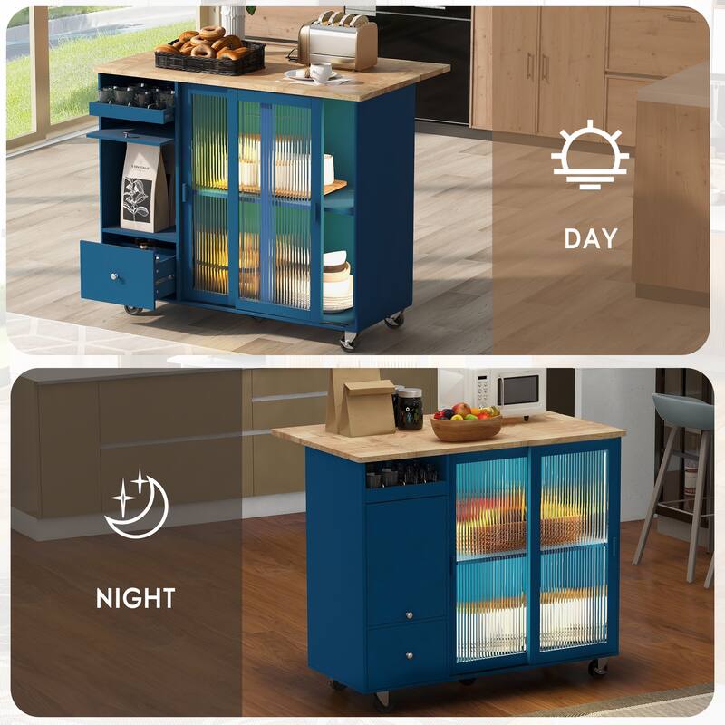 LED Light Kitchen Cart on Wheels with 2 Fluted Glass Doors