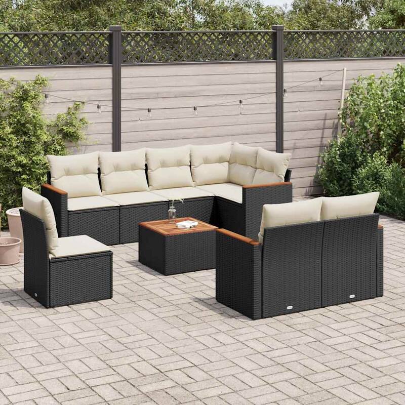 vidaXL Patio Sofa Set with Cushions Outdoor Conversation Furniture Poly Rattan - Black and cream with table - 21.7 x 21.7 x 14.6 in