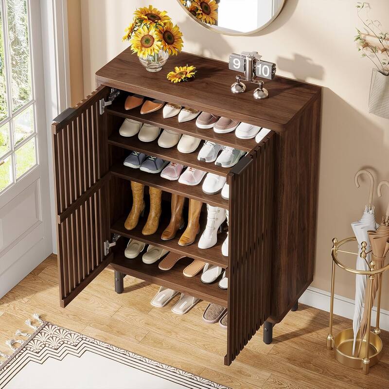 6-Tier Shoe Cabinet with Shutter Doors Adjustable Shelves Wooden Storage Cabinet for Entryway/Hallway/Closet/Living Room