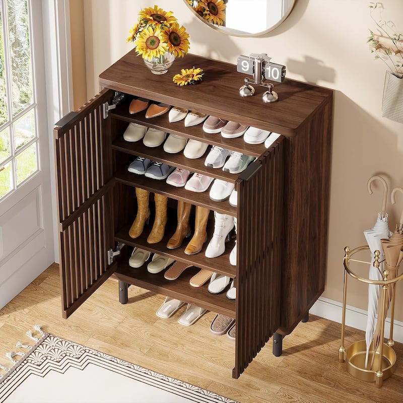 Wooden Shoe Cabinet with Shutter Doors, Adjustable Shelves Large Hidden Storage Organizer Rack for Entryway Hallway - Dark Walnut
