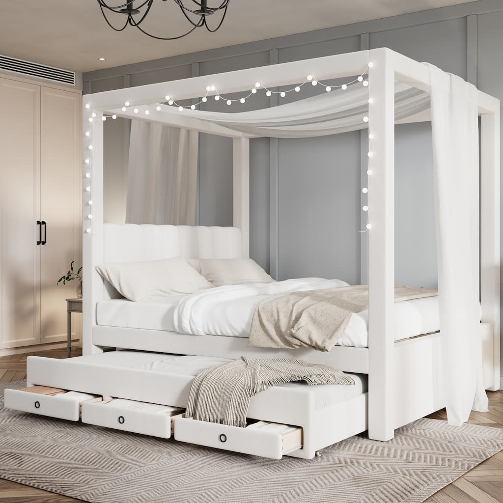 Roomfitters Queen Size Upholstered Canopy Bed Frame with Trundle and 3 Storage Drawers, Tufted Poster Sofa Bed, Beige