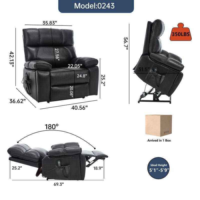 Large Electric Power Lift Recliner with Massage Heat and Dual Side Pockets
