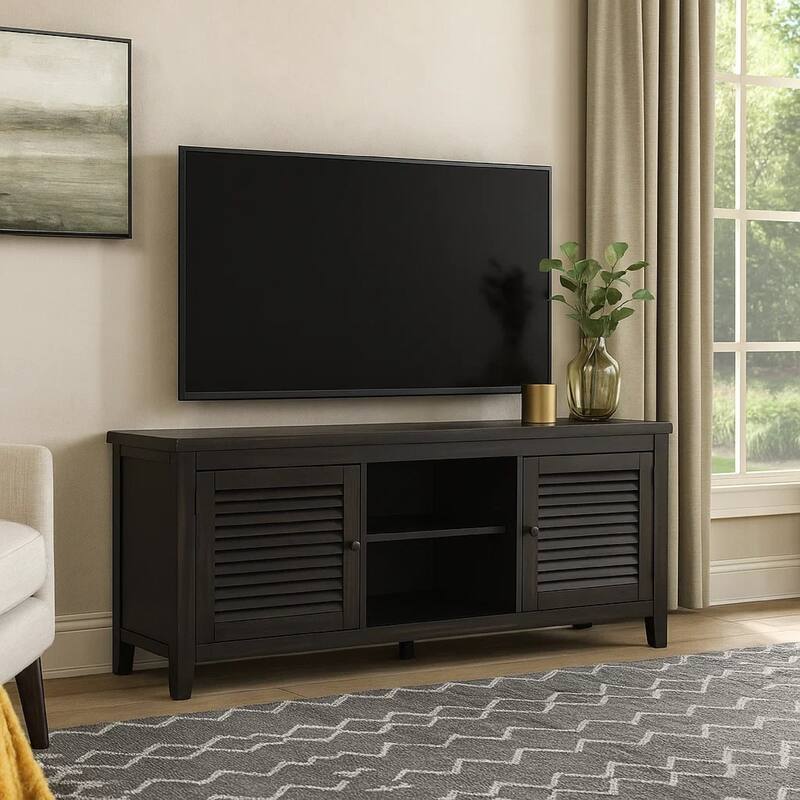 Coni TV Stand Media Cabinet, 2 Door and Shelves, Black Wood 60 Inch