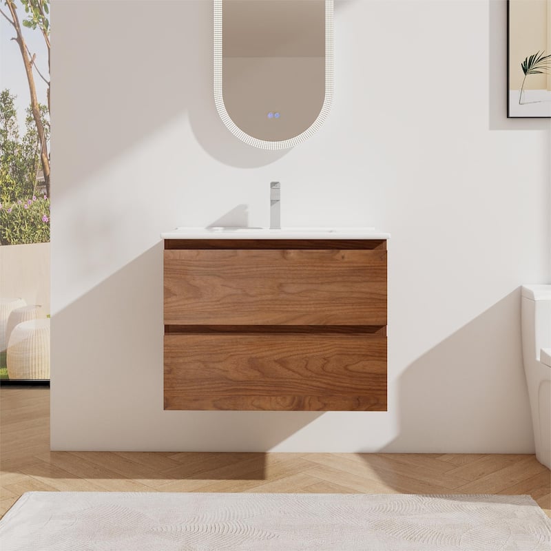 Bathroom Vanity With Sink In 24/30/36 Inch, Floating Bathroom Vanity With Soft Close Drawer - Brown Oak - 30''W×18.3''D×20.5''H