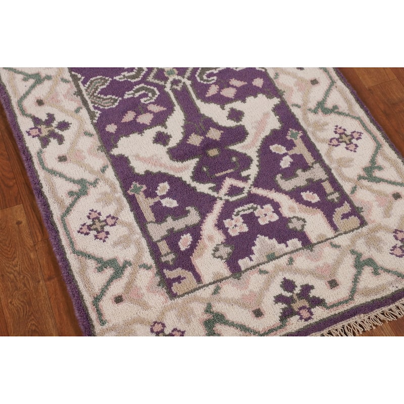 Purple & Ivory Oushak Indian Runner Rug Handmade Wool Carpet - 2'7"x 8'1"