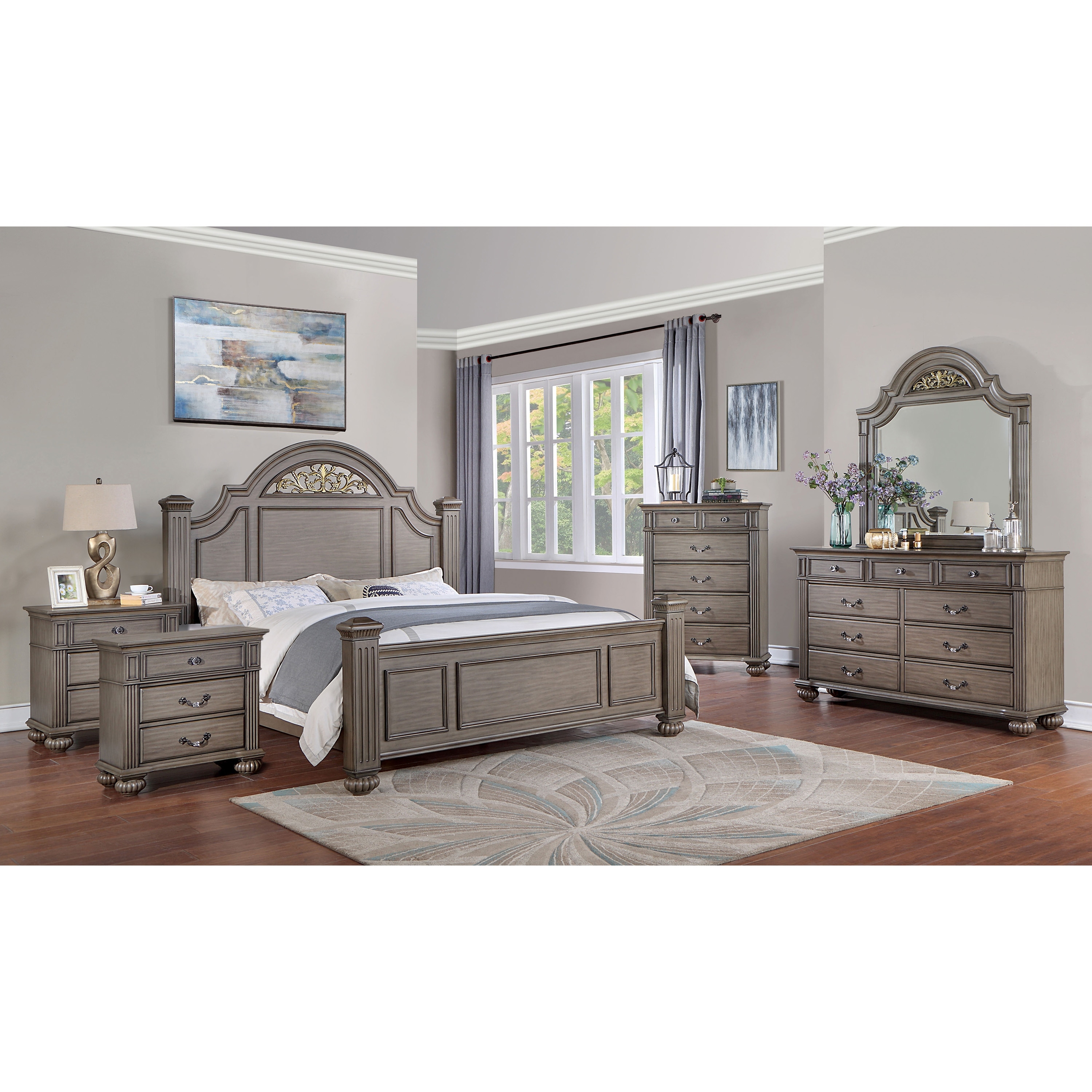 Furniture of America Vame Traditional Grey Wood 6-Piece Poster Bedroom Set
