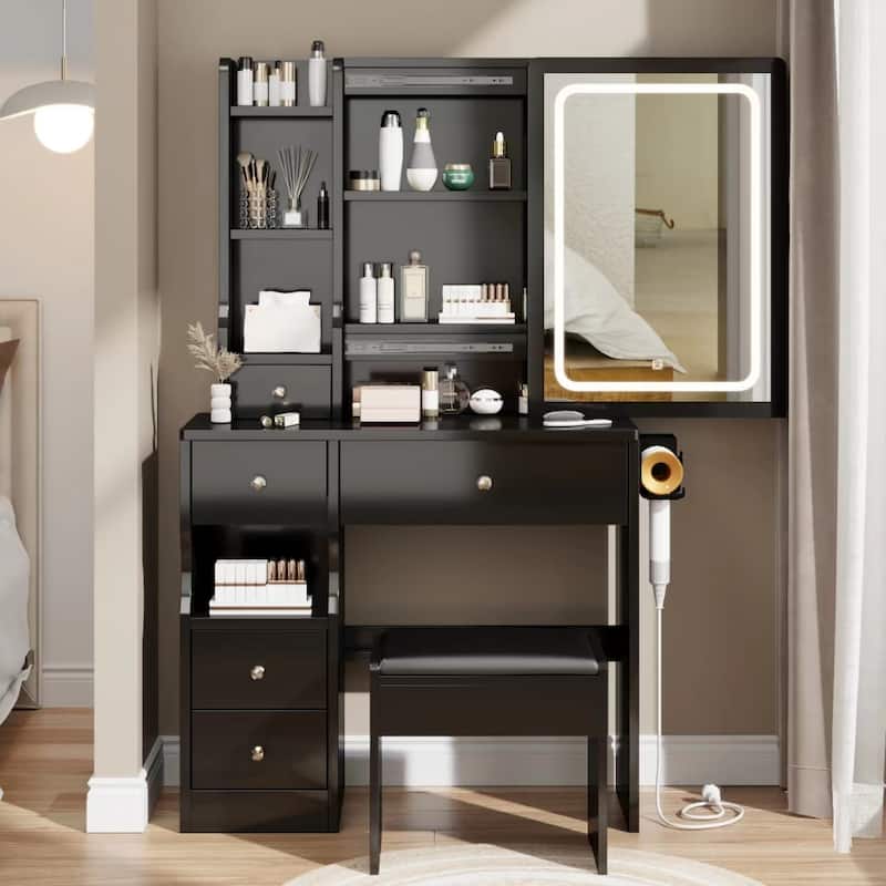 Left Drawer Makeup Vanity with LED Mirror and USB Power Station and Cushioned Stool - Black