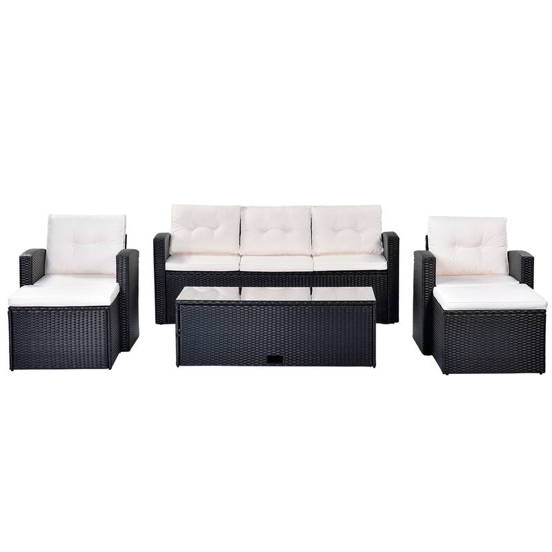 6-Piece Rattan Conversation Sofa Set with Table & Ottomans