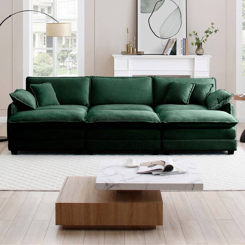Green 6-piece Corduroy Upholstered Modular Sleeper Sectional Sofa with 3 Removable Ottoman and 5 Pillows, Free Combination