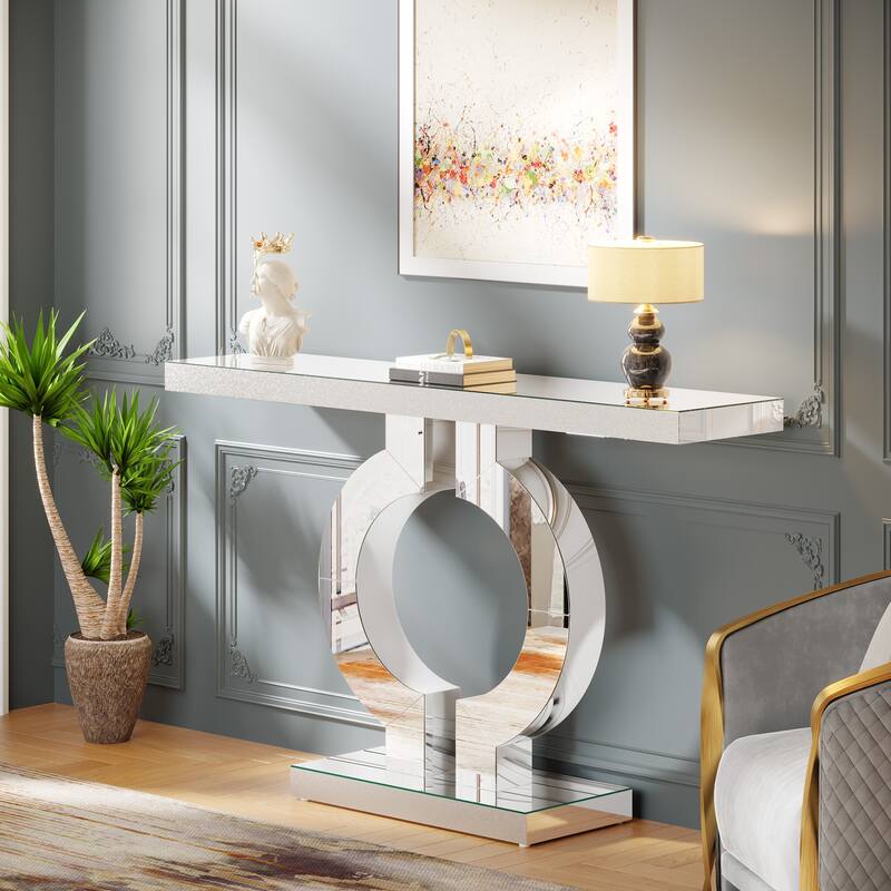 43" Modern Mirrored Console Table with O-Shaped Base, Silver