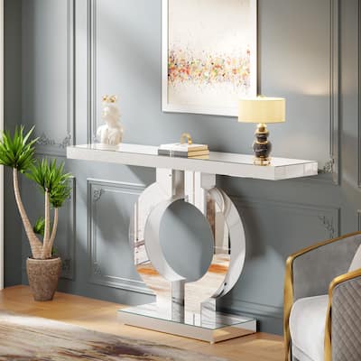 43" Modern Mirrored Console Table with O-Shaped Base, Silver