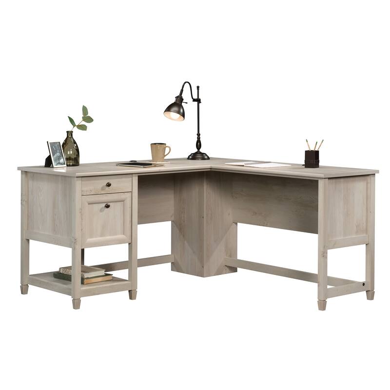 Engineered Wood Coastal L-Shaped Desk with File Drawers, Gray