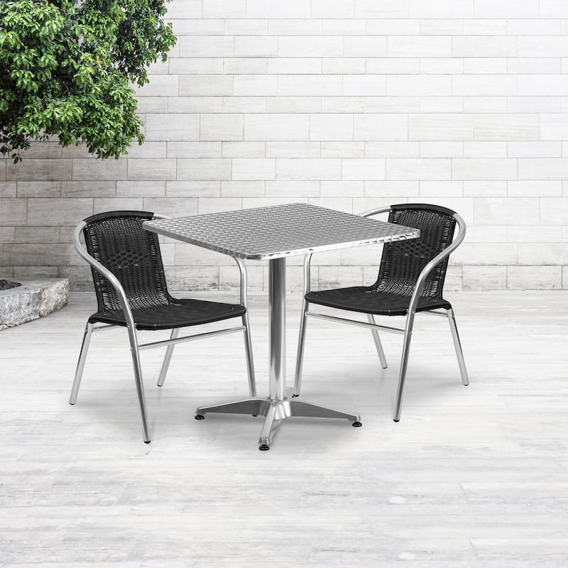 27.5'' Square Aluminum Indoor-Outdoor Table Set with 2 Rattan Chairs - 27.5"W x 27.5"D x 27.5"H - 27.5"W x 27.5"D x 27.5"H - Silver/Black