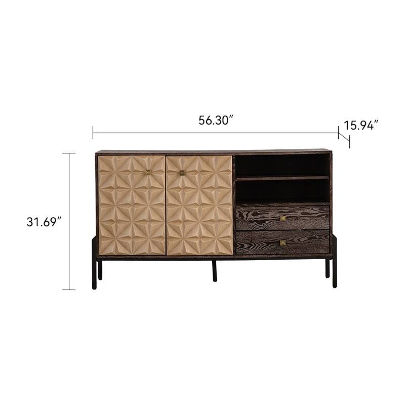Roomfitters Modern Solid Wood Sideboard Cabinet, Geometric Pattern Storage Console with 2 Doors and Open Shelves, Natural