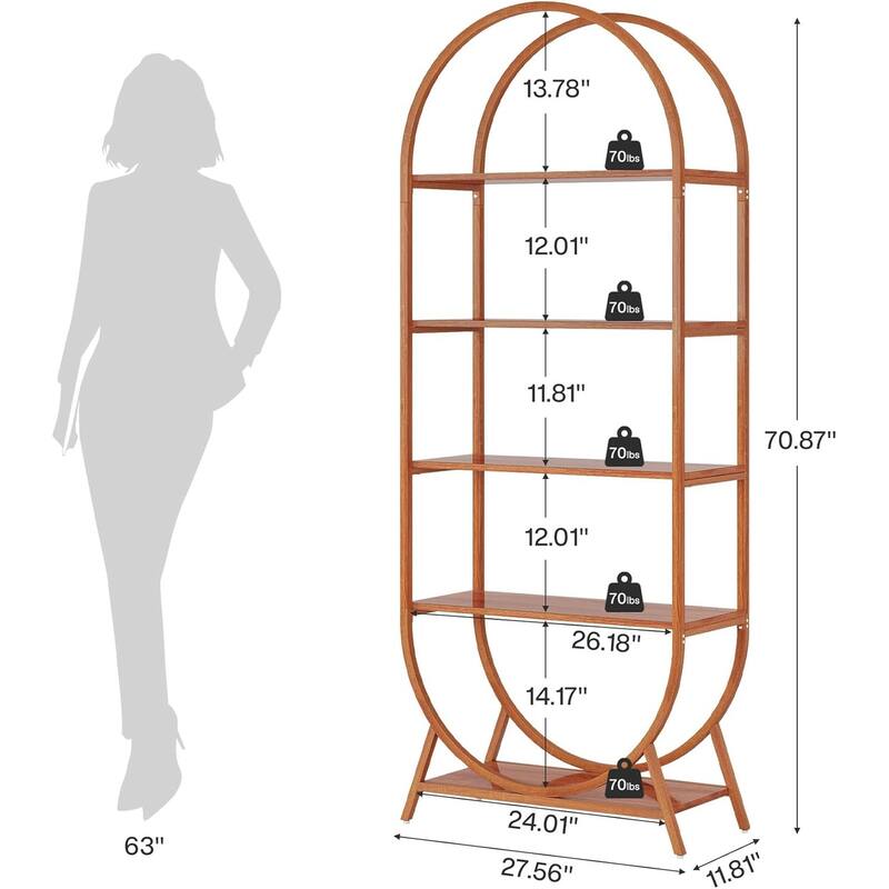 70.8 Inches Tall Bookshelf, 5 Tiers Arched Bookcase with Metal Frame