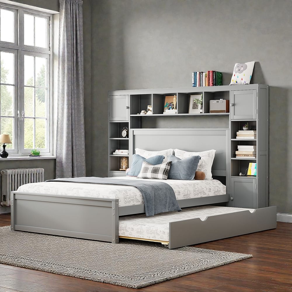 Wooden Platform Bed with Storage Headboard, Drawers, Twin Trundle and Built-In Outlets