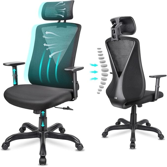 Ergonomic Office Chair with Adjustable Headrest and Armrest, Mesh Swivel Desk Chair with Storage Function for Work, Gaming - Black