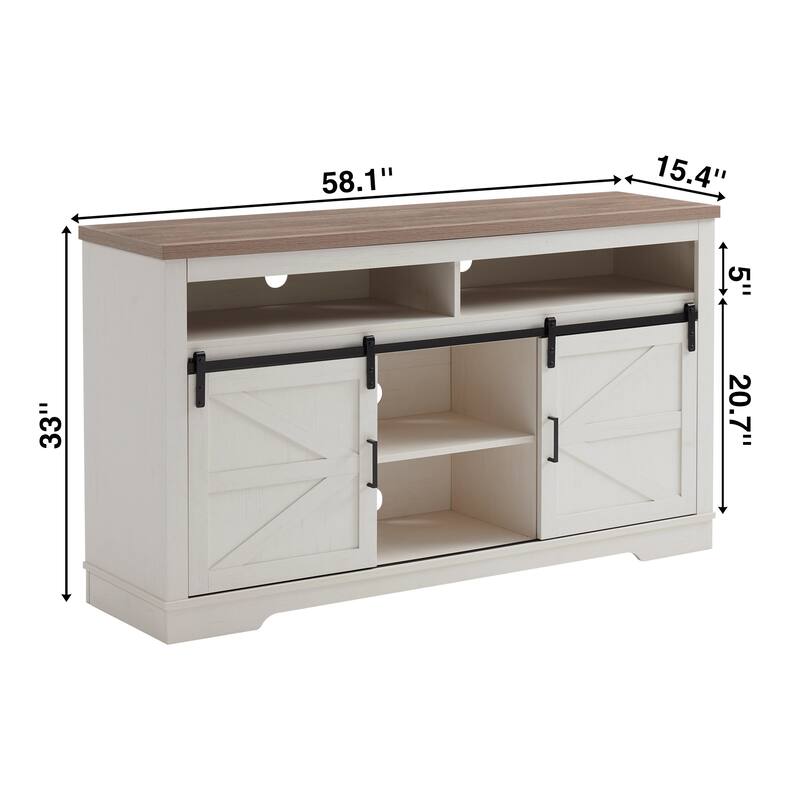 Farmhouse TV Stand Media Console, for 65+ Inches with 2 Sliding Barn Doors and Storage Shelves, for Living Room, Antique White