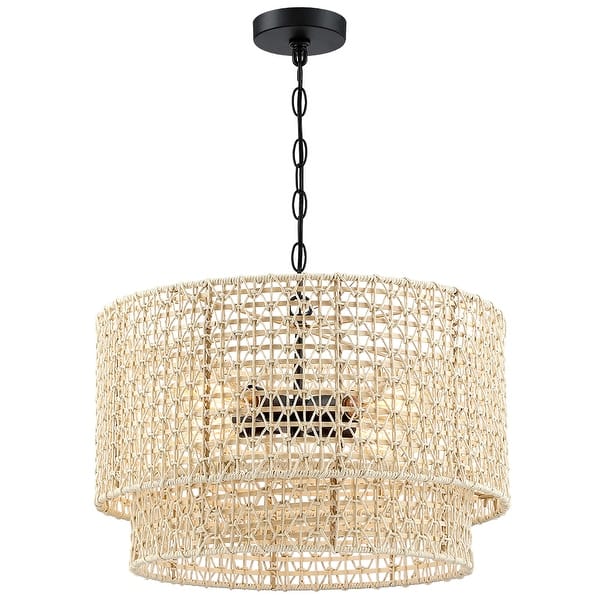 slide 2 of 10, 20 in. 4-Light Rattan Tiered Drum Chandelier Light with Black Canopy - 4-Light 20" W 4-Light 20" W - Black