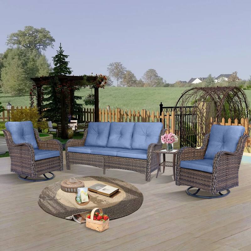High Back 4-Piece Outdoor Wicker Patio Furniture Seating Sofa Set with Swivel Chairs - Denim Blue-Brown Wicker