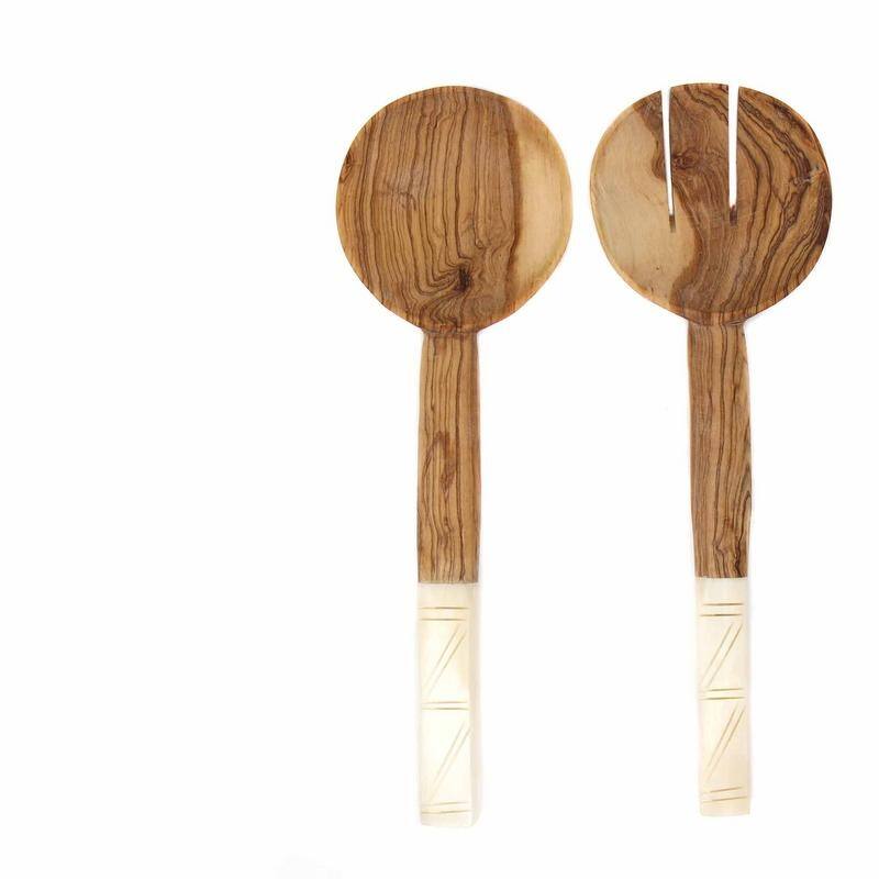 Handmade Olive Wood Serving Utensils with Natural Batik Bone Handles (Kenya)