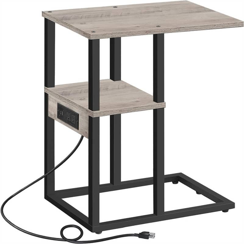 C Shaped End Table with Charging Station - 11.8"D x 15.4"W x 23.4"H - Grey