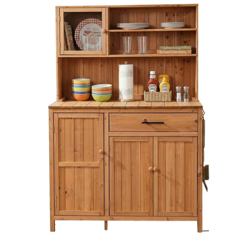 65" Solid Fir Wood Potting Bench with Hutch, Garden Workstation Table with Drawer, Spice Rack & Shelves