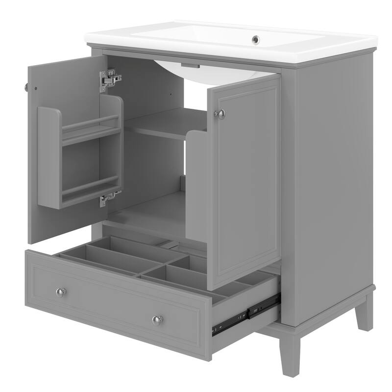 Modern 30" Bathroom Vanity with Ceramic Sink, Storage Cabinet with Door Racks, Detachable Drawer Divider and Adjustable Shelf