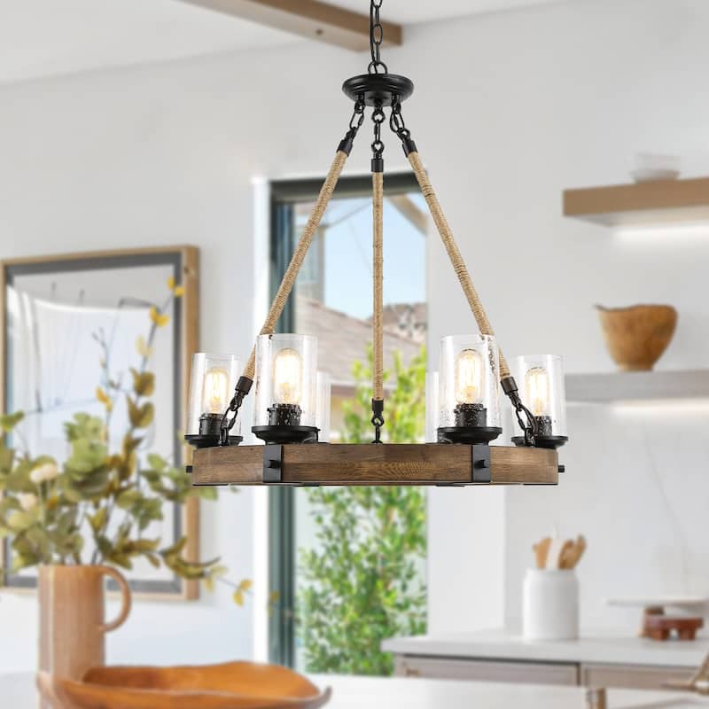 Carbon Loft Farmhouse 6-Light Wagon Wheel Wood Chandelier for Dining Room - Jute Rope-D25"xH28"