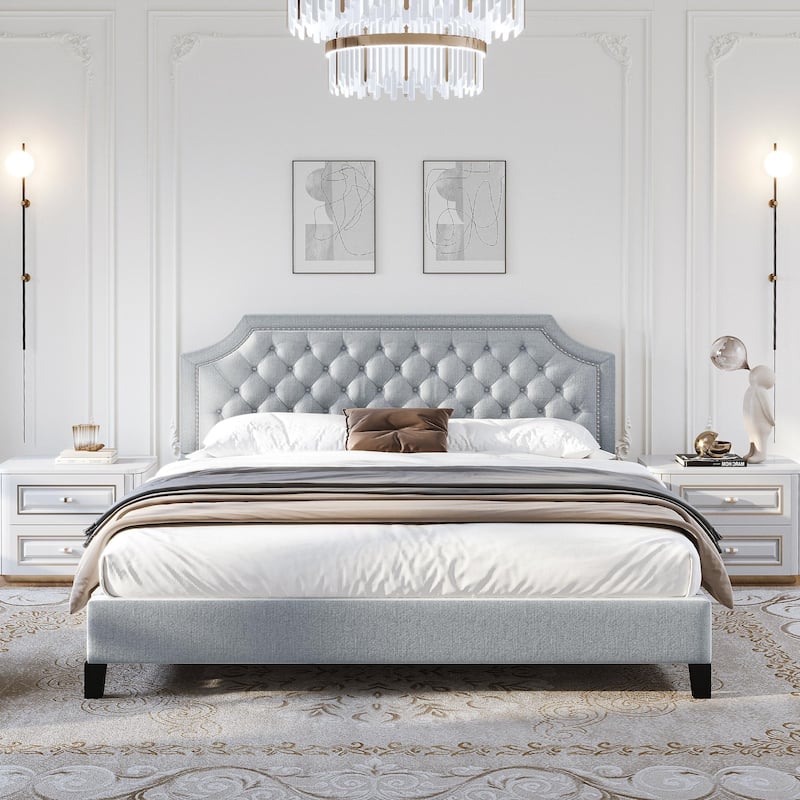 Moasis Upholstered Tufted Bed Frame with Adjustable Height Headboard (Full/Queen/King)