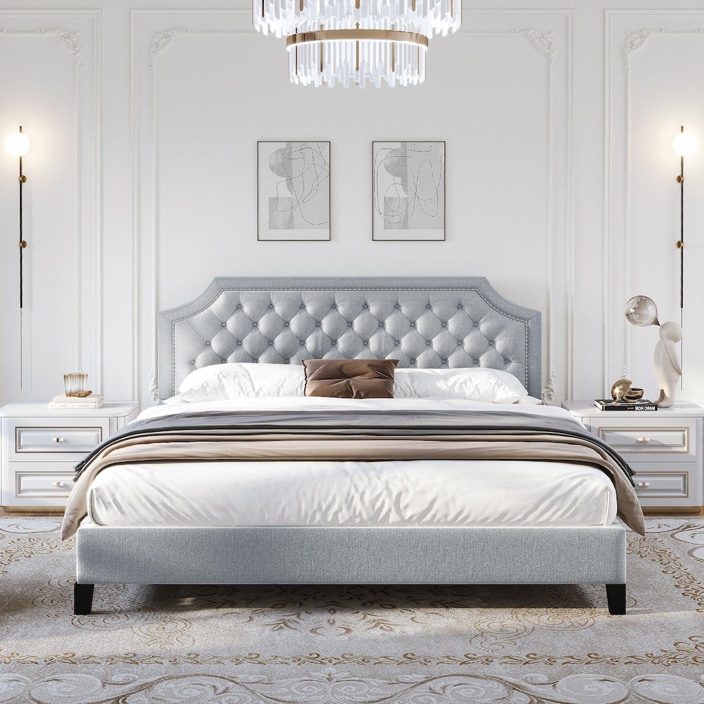 Moasis Upholstered Tufted Bed Frame with Adjustable Height Headboard (Full/Queen/King)